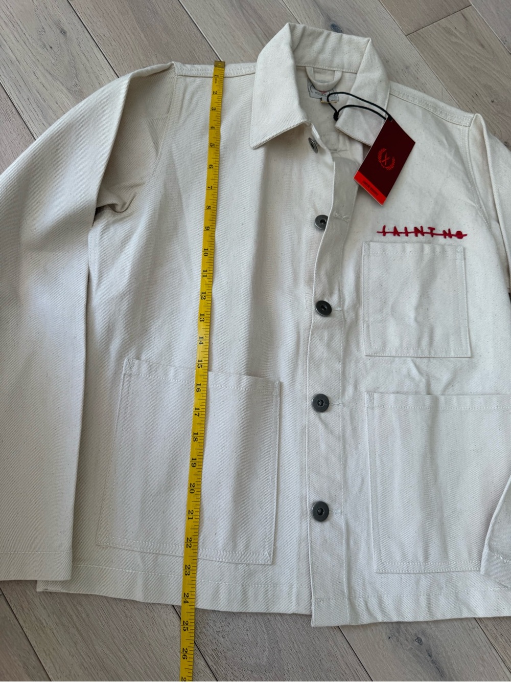 Cream Graphic Jean Jacket with Red Accent Print - Picture 7 of 10